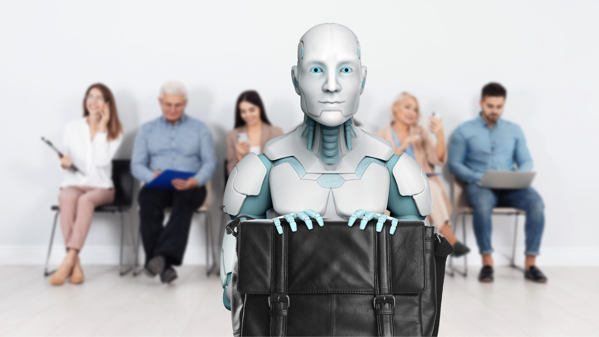 Un robot candidat à un entretien d'embauche aux côtés d'humains – illustration de l'impact de l'intelligence artificielle sur l'emploi et le recrutement.