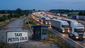 Poste de douane français à l'abandon, barrière fermée, tandis que le trafic de poids lourds circule sur l'autoroute adjacente