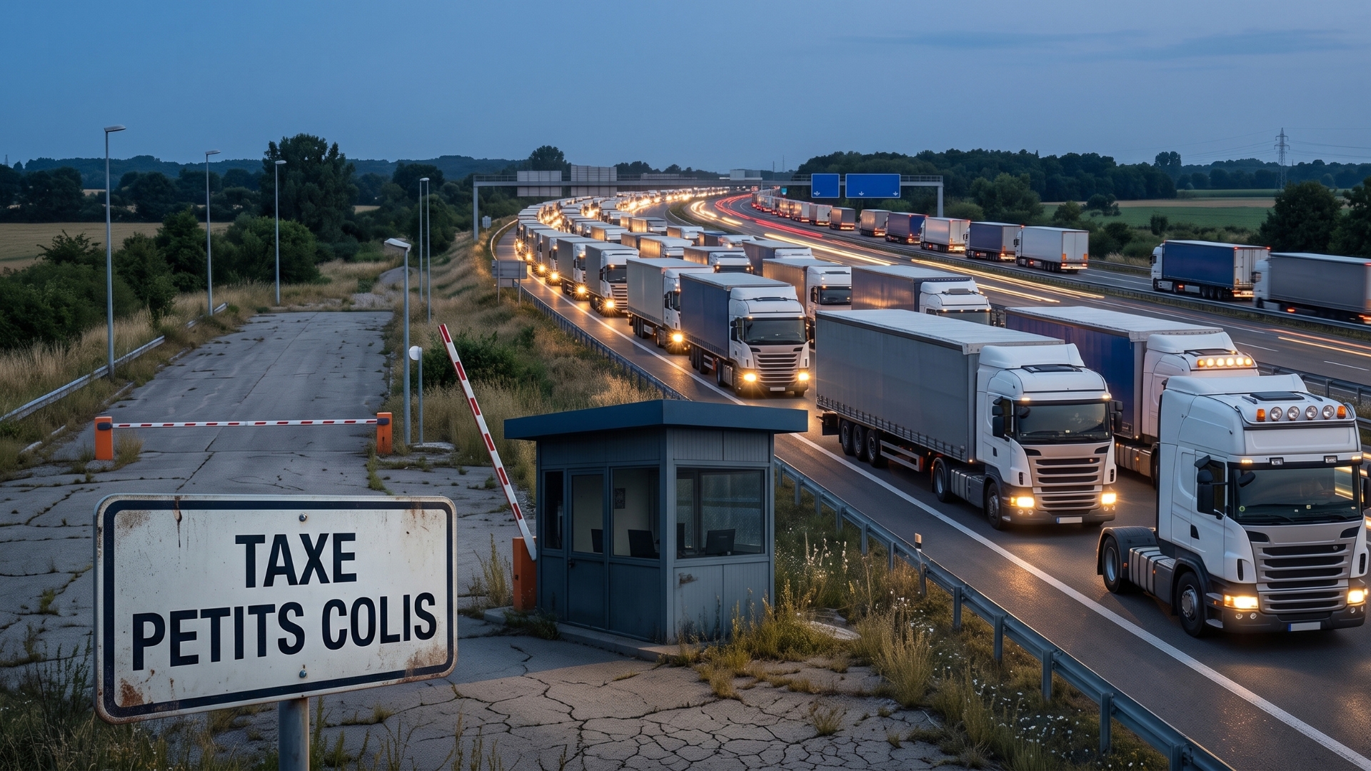 Poste de douane français à l'abandon, barrière fermée, tandis que le trafic de poids lourds circule sur l'autoroute adjacente
