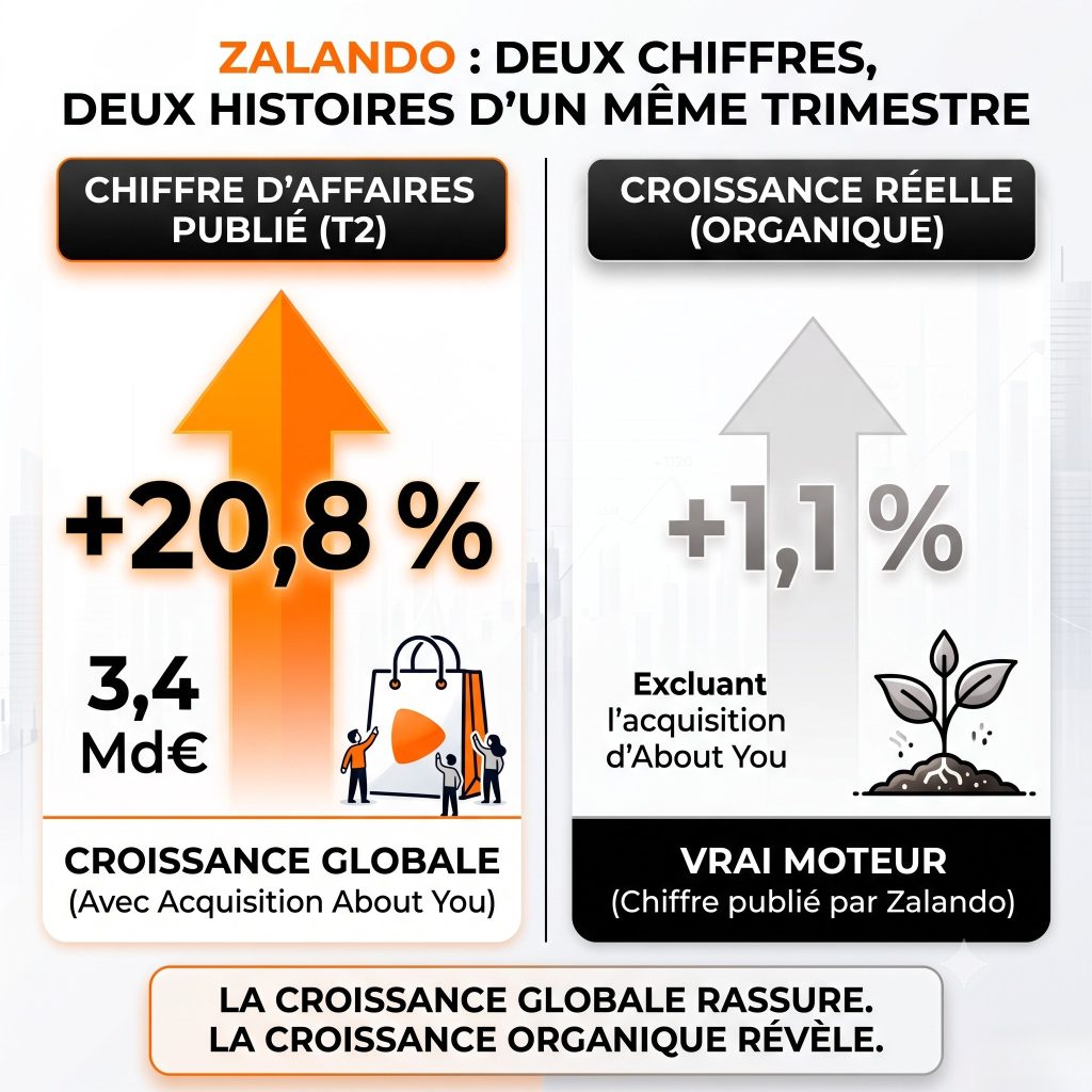 Infographie comparant deux chiffres du deuxième trimestre 2026 de Zalando : +20,8 % de croissance publiée, portée par l'acquisition d'About You, contre +1,1 % de croissance organique hors acquisition.